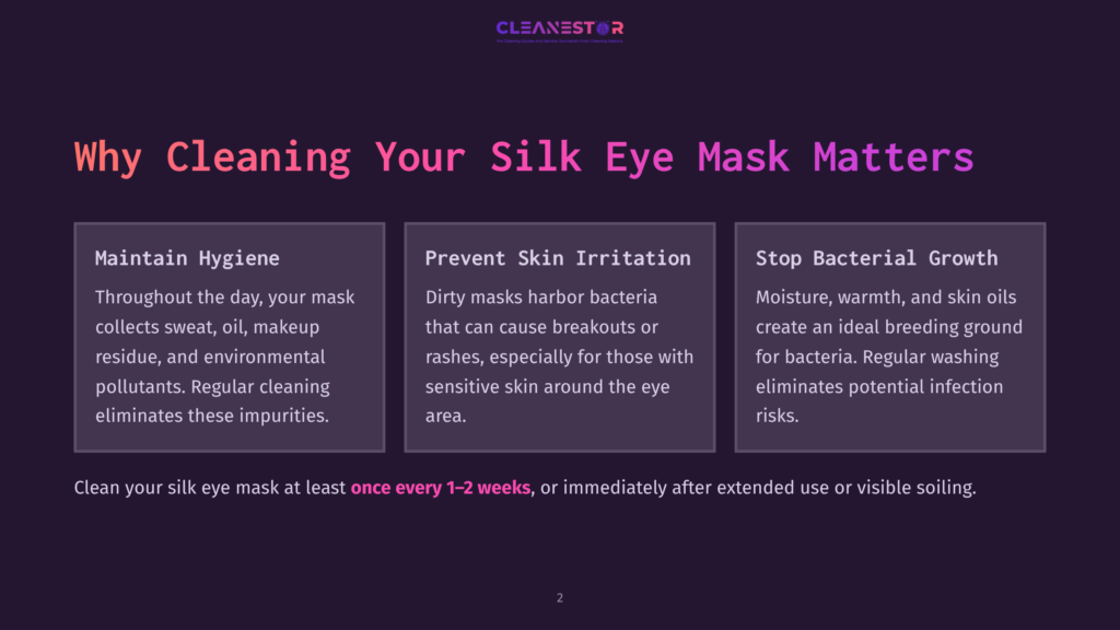 Infographic Titled &Quot;Why Cleaning Your Silk Eye Mask Matters,&Quot; Detailing Benefits Like Maintaining Hygiene, Preventing Skin Irritation, And Stopping Bacterial Growth, With A Call To Action To Clean Silk Eye Masks Every 1-2 Weeks.