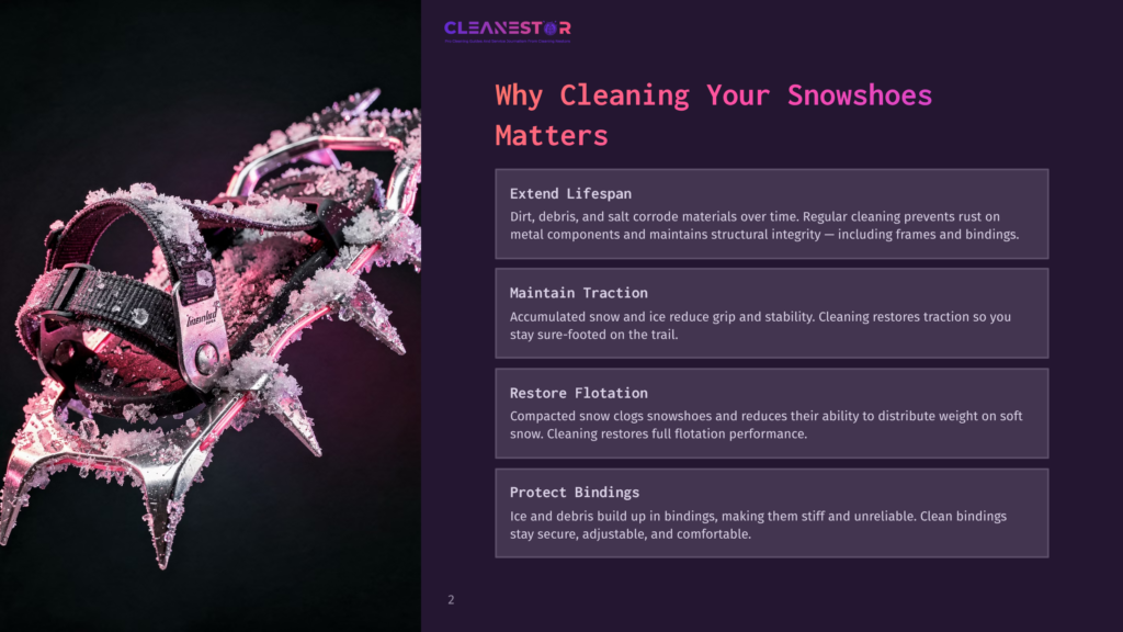 Close-Up Of A Snowshoe With Metal Crampons Covered In Ice And Snow, Highlighting The Importance Of Cleaning Snowshoes For Traction And Binding Protection.