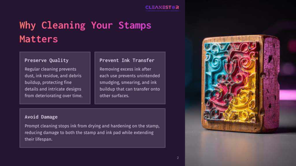 A Close-Up Of A Wooden Stamp With A Carved Intricate Floral Pattern, Colored In Vibrant Red, Yellow, And Blue Inks, Highlighting The Need For Cleaning And Stamp Maintenance.