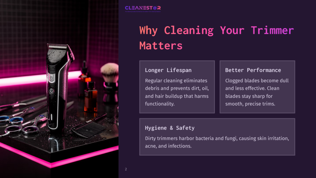 2 Why Cleaning Your Trimmer Matters A Close-Up Of A Black Electric Beard Trimmer With A Silver Head, Sitting On A Wet, Reflective Surface With Barbershop Scissors And A Comb Nearby. Pink And Purple Neon Lights Illuminate The Scene, Highlighting Water Droplets On The Trimmer.