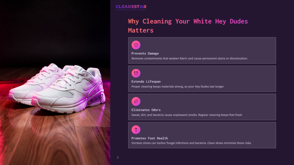 2 Why Cleaning Your White Hey Dudes Matters White Nike Air Max Sneakers With Pink Accents Sit On A Polished Wooden Floor, Illuminated By Pink Lighting.