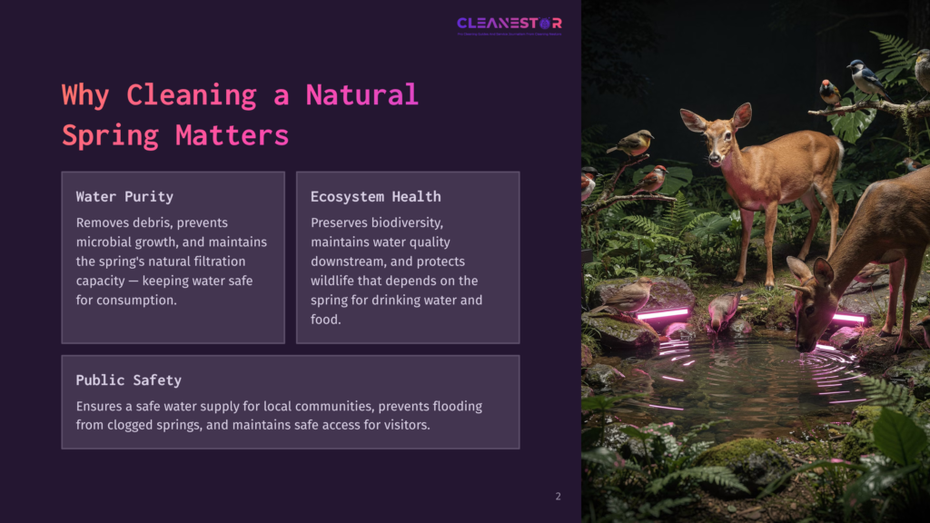 A Serene Forest Scene At Dusk Features Two Deer Drinking From A Glowing Pink-Lit Stream, Surrounded By Lush Greenery, Mossy Rocks, And Small Birds Perched On Branches. Text Overlay Reads: &Quot;Why Cleaning A Natural Spring Matters&Quot; And Lists Benefits Like &Quot;Water Purity,&Quot; &Quot;Ecosystem Health,&Quot; And &Quot;Public Safety.