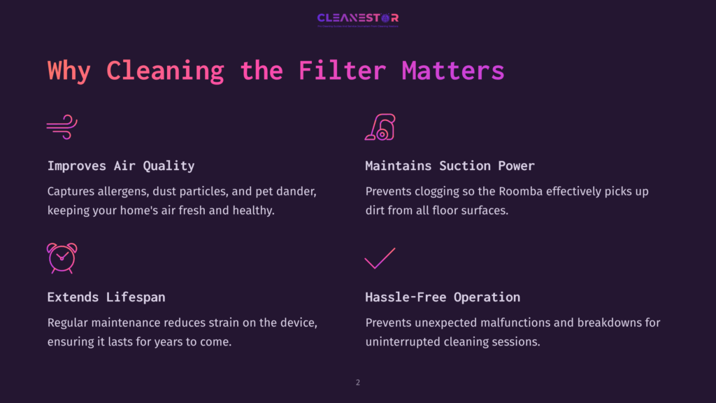 Why Cleaning The Filter Matters&Quot; Graphic Highlighting Benefits: Improves Air Quality, Maintains Suction, Extends Lifespan, And Ensures Hassle-Free Operation. Features Icons For Each Benefit.