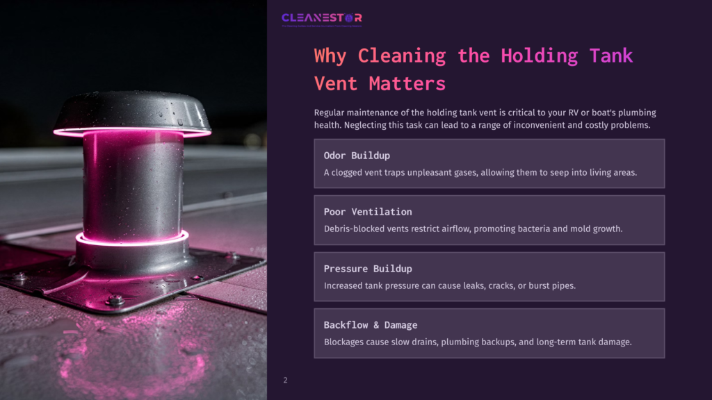 2 Why Cleaning The Holding Tank Vent Matters Close-Up Of A Modern Rv Or Boat Holding Tank Vent With A Glowing Pink Light, Wet From Rain, With A Dark Background And The Cleanestor Logo And Text About Holding Tank Maintenance.