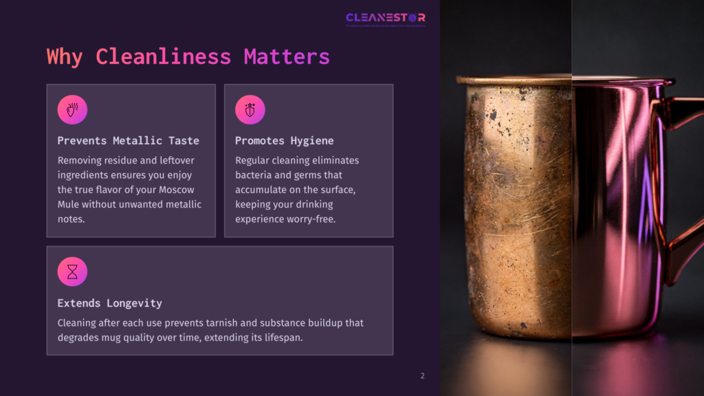 2 Why Cleanliness Matters 1 A Split Image Shows A Clean, Shiny Copper Moscow Mule Mug On The Right, Contrasting With A Tarnished, Dirty Mug On The Left. Text Overlays Highlight The Benefits Of Cleaning, Such As &Quot;Prevents Metallic Taste&Quot; And &Quot;Promotes Hygiene.