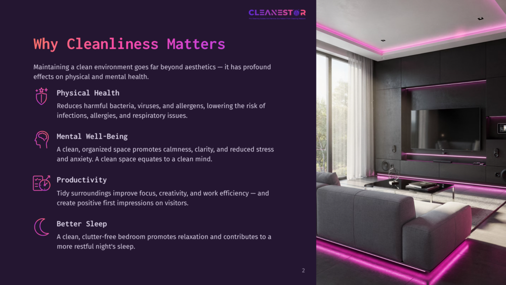 A Modern, Minimalist Living Room With A Large Grey Sofa, A Sleek Entertainment Center, And Ambient Pink Led Lighting. The Text &Quot;Cleanestor&Quot; Is Visible At The Top.