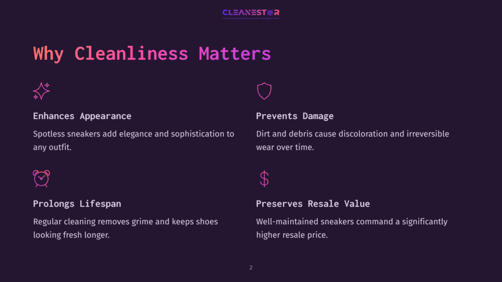 2 Why Cleanliness Matters 3 A Dark Purple Background With The Cleanestor Logo At The Top. The Main Text &Quot;Why Cleanliness Matters&Quot; Is In Large White And Pink Font. Below, Four Sections With Icons And Text Explain The Benefits Of Cleanliness: &Quot;Enhances Appearance,&Quot; &Quot;Prevents Damage,&Quot; &Quot;Prolongs Lifespan,&Quot; And &Quot;Preserves Resale Value.
