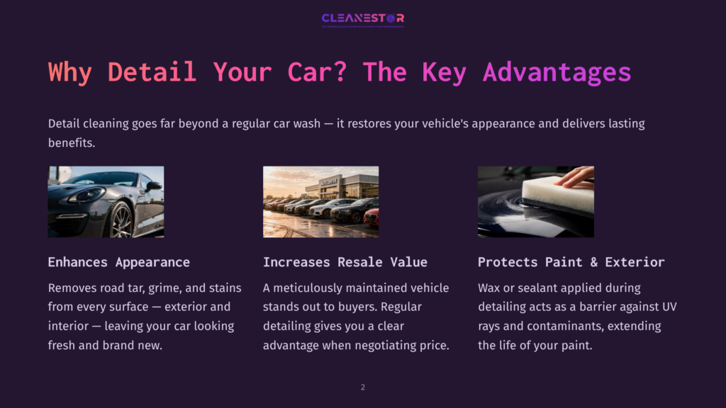 Three Distinct Images Showcasing Car Detailing Benefits: A Sleek Black Porsche, A Row Of Polished Cars Outside A Dealership, And A Hand Waxing A Car'S Surface.