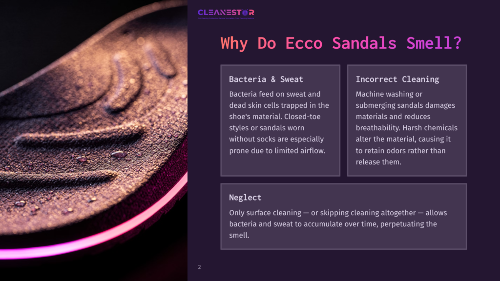 Close-Up Of A Black Ecco Sandal Sole With Water Droplets, Showing Texture And Pink Led Lighting. Text Overlay: &Quot;Cleanestor&Quot;, &Quot;Why Do Ecco Sandals Smell?&Quot;.