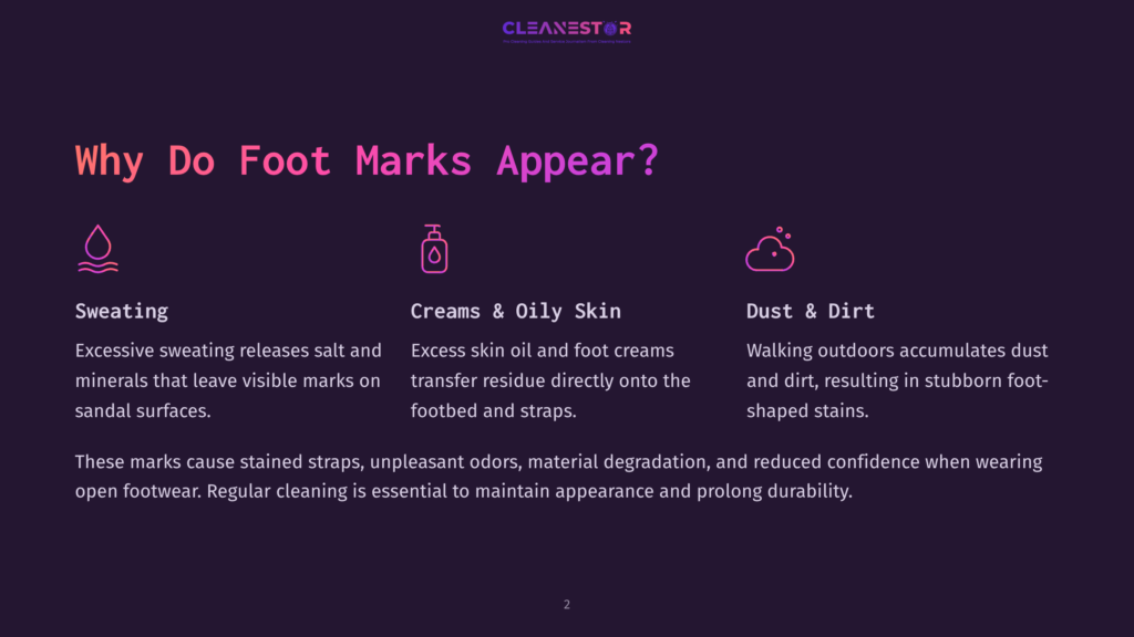 Infographic Explaining Why Foot Marks Appear On Footwear: Sweating, Creams &Amp; Oily Skin, And Dust &Amp; Dirt. The Title &Quot;Why Do Foot Marks Appear?&Quot; Is Prominently Displayed.