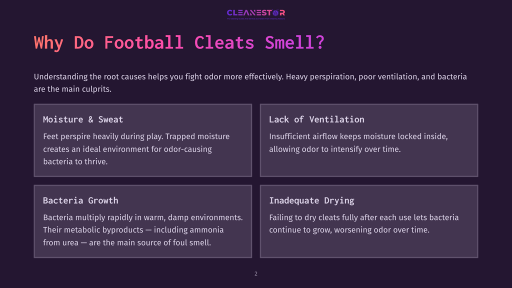 Infographic Titled &Quot;Why Do Football Cleats Smell?&Quot; Detailing Causes Like Moisture, Lack Of Ventilation, Bacteria Growth, And Inadequate Drying.