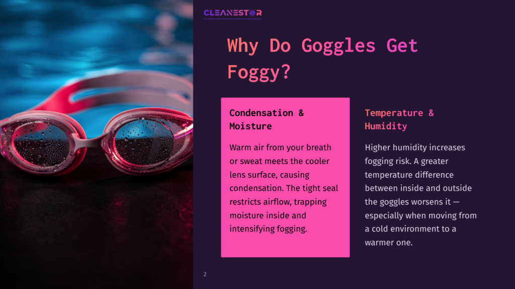 Close-Up Of Swimming Goggles With Condensation On The Lenses, Resting On A Blurry Blue Background. Text On The Right Reads &Quot;Why Do Goggles Get Foggy?&Quot;.