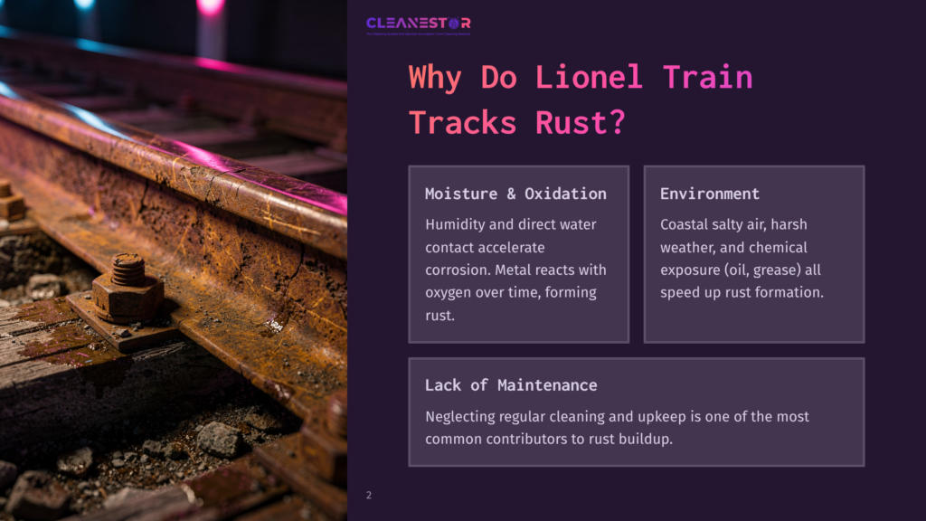 2 Why Do Lionel Train Tracks Rust Close-Up Of Rusty Lionel Train Tracks With Wooden Ties, Highlighting Moisture And Oxidation Leading To Rust, With Text &Quot;Why Do Lionel Train Tracks Rust?&Quot;.
