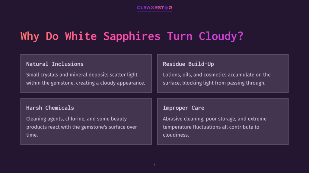 2 Why Do White Sapphires Turn Cloudy Infographic Titled &Quot;Why Do White Sapphires Turn Cloudy?&Quot; With Four Sections: Natural Inclusions, Residue Build-Up, Harsh Chemicals, And Improper Care, Explaining Causes Of Cloudiness In White Sapphires.