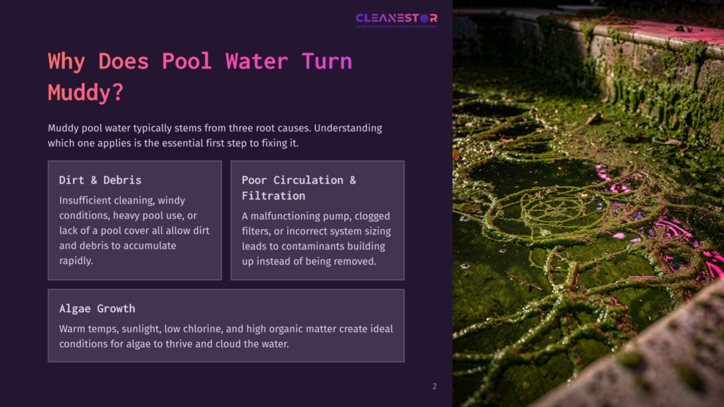 A Murky, Green, Algae-Filled Swimming Pool With Floating Debris, Illustrating The Problem Of Muddy Pool Water. The Image Is Overlaid With Text About Pool Maintenance.