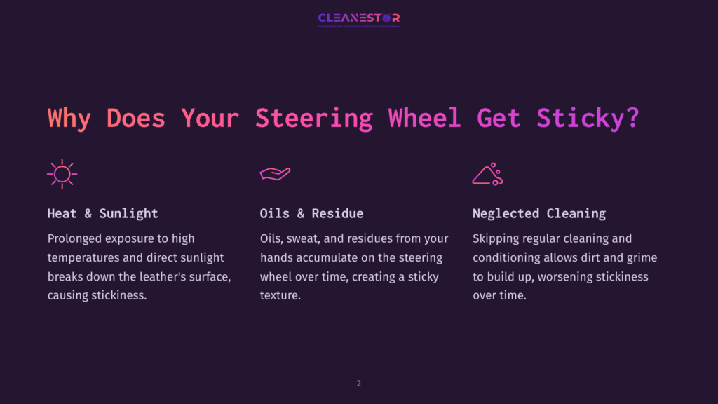 Infographic Explaining Why Steering Wheels Get Sticky: Heat &Amp; Sunlight, Oils &Amp; Residue, And Neglected Cleaning. The Text &Quot;Why Does Your Steering Wheel Get Sticky?&Quot; Is Prominently Displayed.