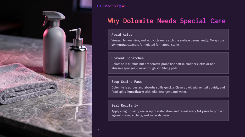 Cleanestor Logo At The Top Of A Dark Purple Slide With White Text About Dolomite Care: Avoid Acids, Prevent Scratches, Stop Stains Fast, Seal Regularly.