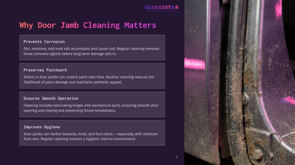Close-Up Of A Dirty Car Door Jamb With Visible Rust, Dirt, And Grime. The Text Overlay Reads &Quot;Cleanestor&Quot; And &Quot;Why Door Jamb Cleaning Matters,&Quot; Highlighting The Importance Of Car Door Jamb Cleaning.