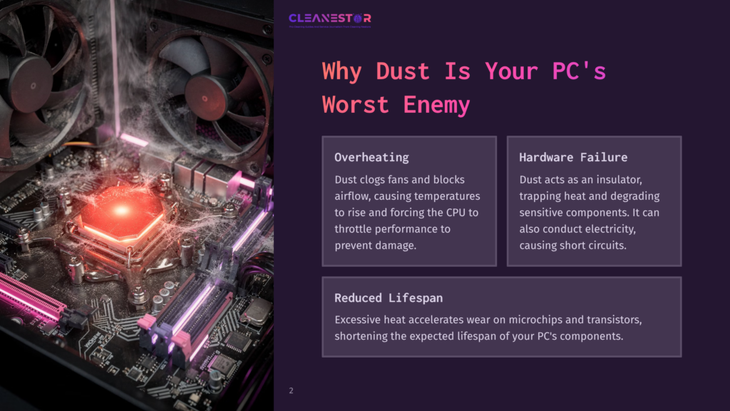 Close-Up Of A Dusty Computer Motherboard With Glowing Red Cpu And Smoke, Illustrating Why Dust Is Your Pc'S Worst Enemy. Text Highlights Overheating And Hardware Failure.