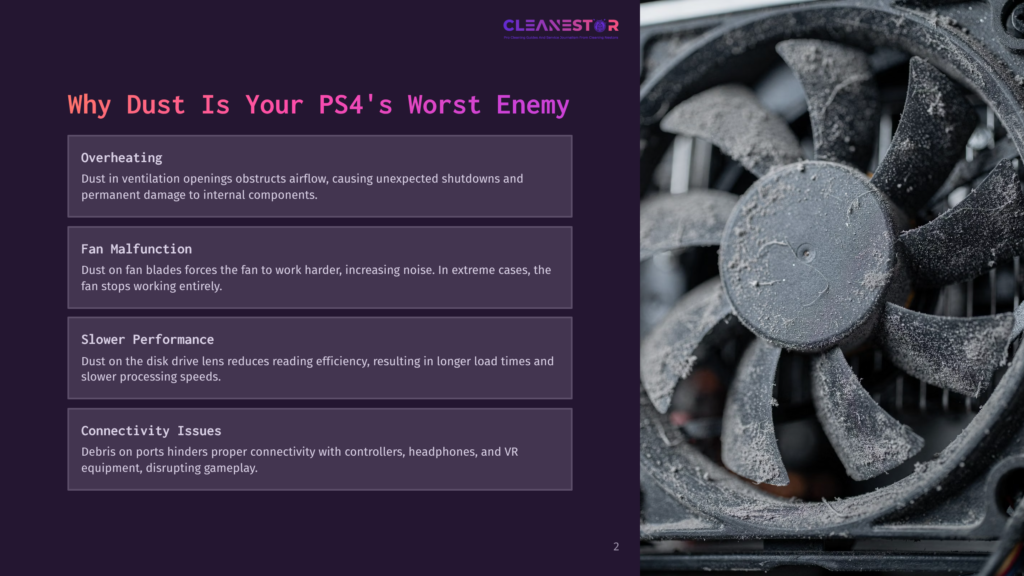 2 Why Dust Is Your Ps4S Worst Enemy Close-Up Of A Playstation 4 Fan Choked With Thick Dust, Illustrating Why Dust Is A Ps4'S Worst Enemy. The Fan Blades Are Caked With Grey Debris, Showing The Severe Buildup That Can Cause Overheating And Performance Issues.
