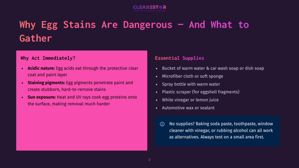 A Dark Background With A Bright Pink Rectangle On The Left, Listing Reasons Why Egg Stains Are Dangerous And What To Gather. On The Right, A Dark Blue Rectangle Lists Essential Supplies For Cleaning Egg Stains, Including A Bucket Of Warm Water And Spray Bottle.
