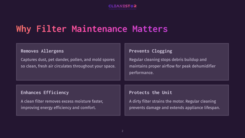 Graphic With Text &Quot;Why Filter Maintenance Matters&Quot; And Four Key Benefits: &Quot;Removes Allergens,&Quot; &Quot;Prevents Clogging,&Quot; &Quot;Enhances Efficiency,&Quot; And &Quot;Protects The Unit.