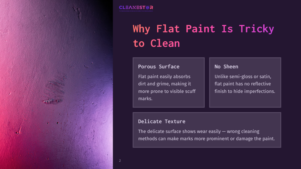 2 Why Flat Paint Is Tricky To Clean Close-Up Of A Textured Wall With Flat Paint, Showing Visible Cleaning Marks And Smudges. The Text &Quot;Cleanestor&Quot; Is Visible In The Top Left Corner.