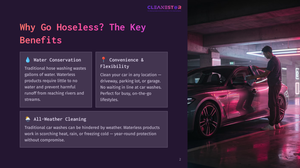 2 Why Go Hoseless The Key Benefits Man In A Blue Shirt Meticulously Polishes A Dark Car With A Microfiber Cloth In A Modern, Neon-Lit Garage. The Image Showcases The Benefits Of Waterless Car Cleaning, Highlighting Convenience And All-Weather Suitability.