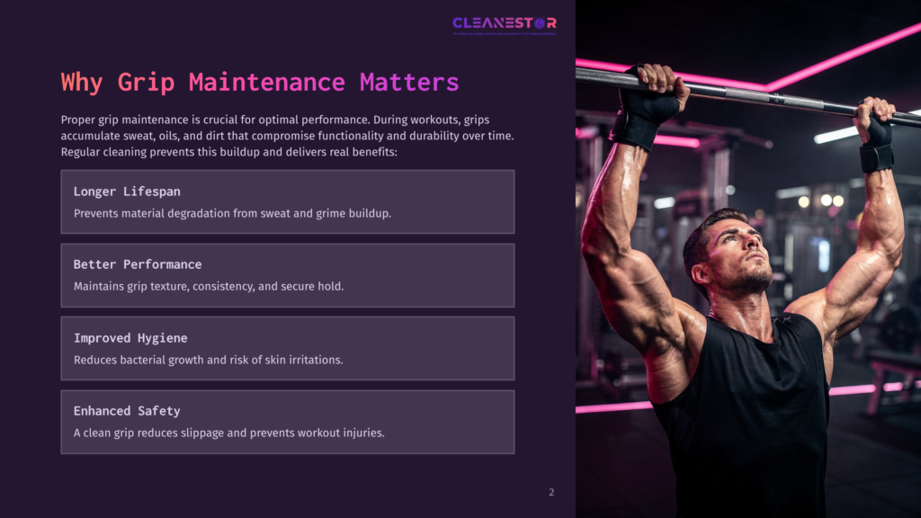 2 Why Grip Maintenance Matters A Muscular Man With A Beard And Short Dark Hair Performs A Pull-Up On A Barbell In A Gym. He Wears A Black Tank Top, Black Fingerless Gloves, And Black Shorts, With Sweat Glistening On His Skin. The Background Is Dark And Blurred, With Bright Pink Lights Illuminating The Scene.