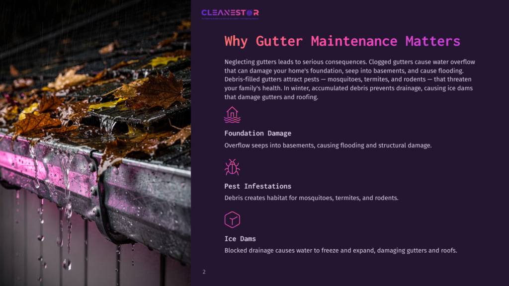 Clogged Gutter Overflowing With Wet Autumn Leaves And Water, With Pink Lighting Reflecting On The Water And Gutter. Text: Cleanestor, Why Gutter Maintenance Matters.