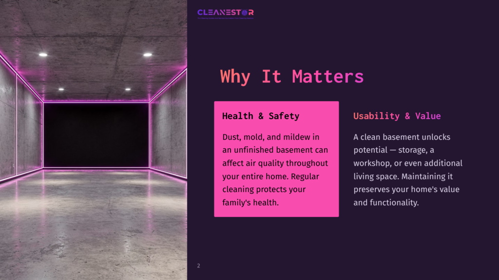 A Stark, Unfinished Concrete Basement With Vibrant Pink Neon Lights Lining The Walls. The Text &Quot;Cleanestor&Quot; And &Quot;Why It Matters&Quot; Are Visible, Along With Sections Detailing &Quot;Health &Amp; Safety&Quot; And &Quot;Usability &Amp; Value&Quot; For Basement Cleaning Services.