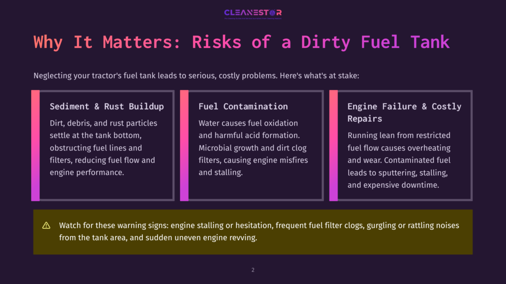 Infographic Titled &Quot;Why It Matters: Risks Of A Dirty Fuel Tank&Quot; From Cleanestor, Detailing Sediment And Rust Buildup, Fuel Contamination, And Engine Failure &Amp; Costly Repairs.