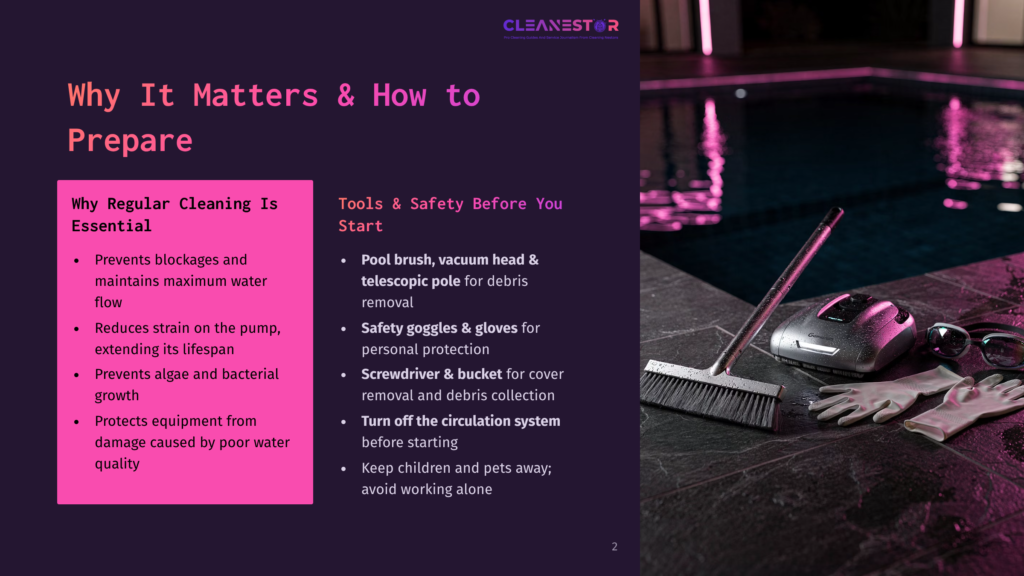 Pool Cleaning Tools And Safety Gear Laid Out On A Wet, Dark Stone Surface Next To A Swimming Pool. Includes A Pool Brush, Gloves, And Goggles.