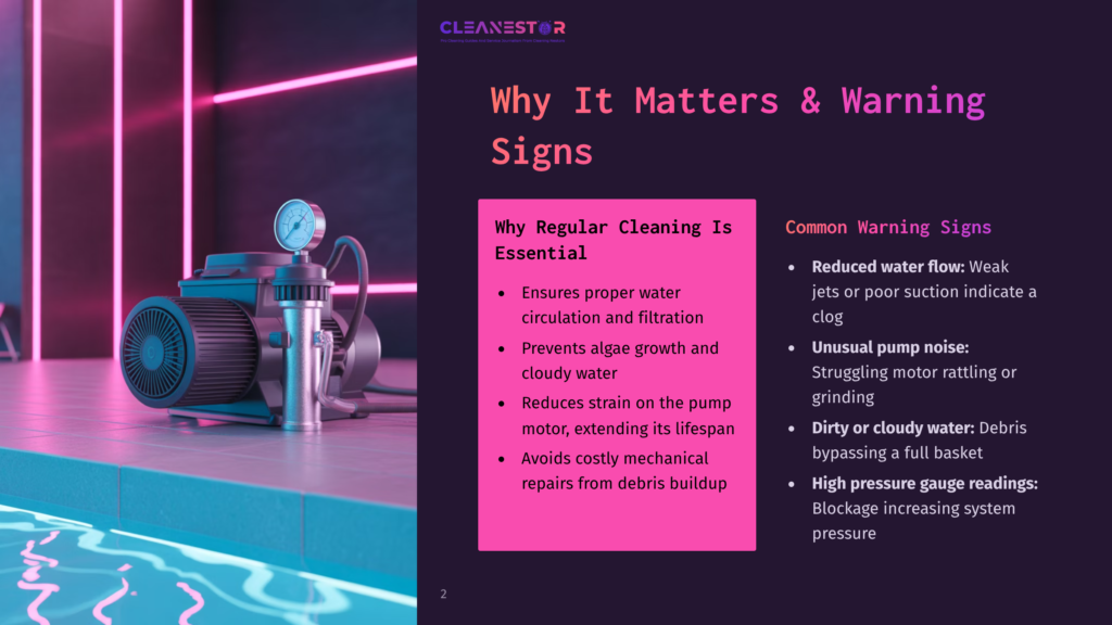 Close-Up Of A Pool Pump With A Pressure Gauge, Set Against A Vibrant Pink Background With Neon Blue Lighting. The Image Includes Text: &Quot;Cleanestor&Quot;, &Quot;Why It Matters &Amp; Warning Signs&Quot;, And &Quot;Why Regular Cleaning Is Essential&Quot;.
