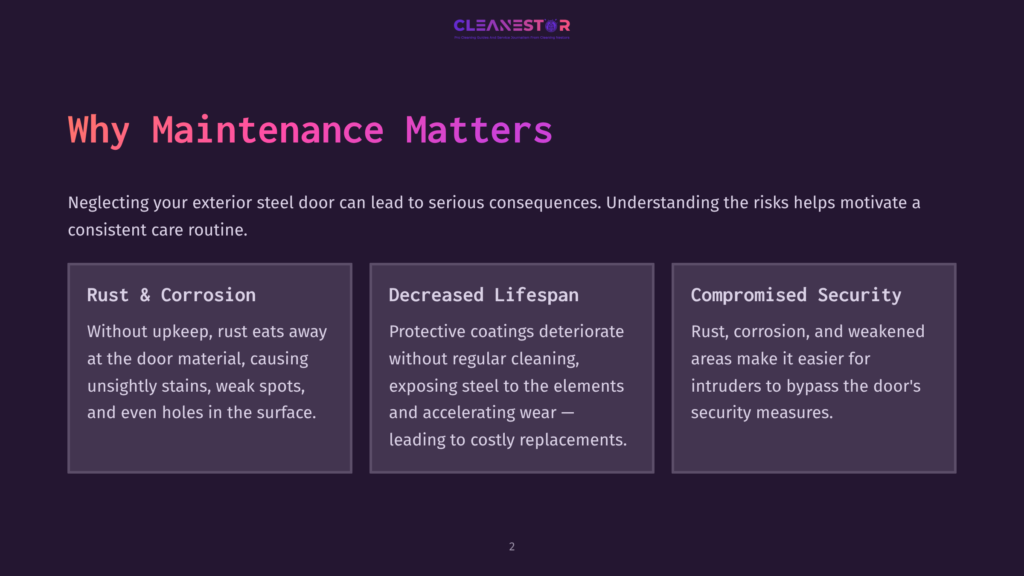 Presentation Slide Titled &Quot;Why Maintenance Matters&Quot; With Three Columns Detailing &Quot;Rust &Amp; Corrosion,&Quot; &Quot;Decreased Lifespan,&Quot; And &Quot;Compromised Security&Quot; For Exterior Steel Doors.