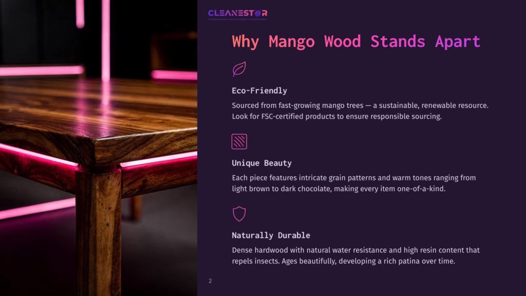 Close-Up Of A Dark, Polished Mango Wood Table Corner With Glowing Pink Neon Lights. Text Overlay Reads &Quot;Cleanestor&Quot; And &Quot;Why Mango Wood Stands Apart&Quot;.