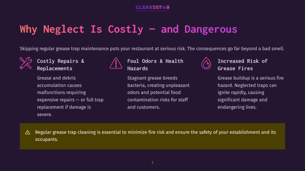 Infographic Detailing The Costly And Dangerous Consequences Of Neglecting Restaurant Grease Traps, Including Repairs, Foul Odors, And Increased Fire Risk. The Text &Quot;Cleanestor&Quot; Is Visible At The Top.