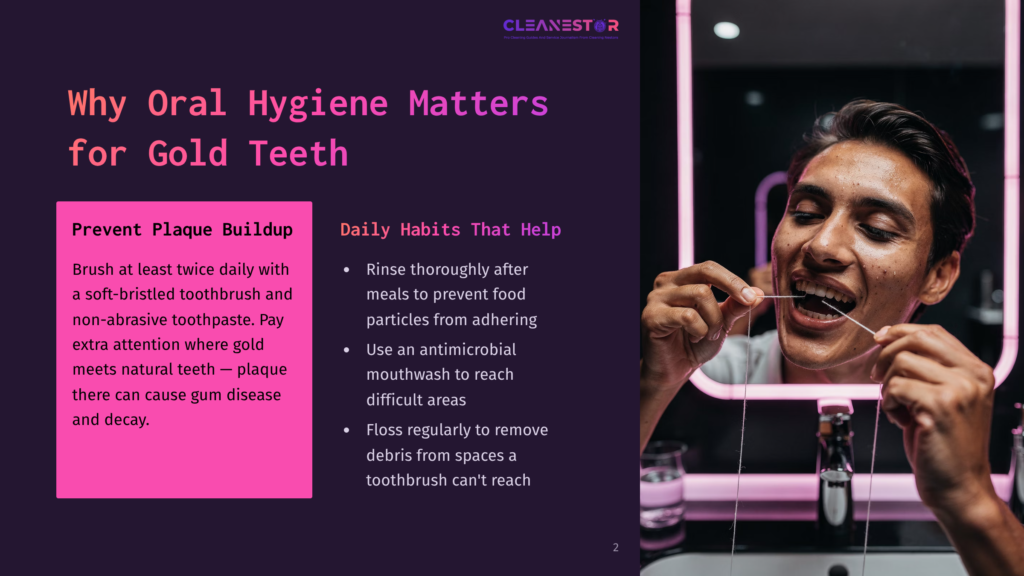 A Smiling Man Brushing His Teeth With A Soft-Bristled Toothbrush, Reflecting In A Pink Mirror. He'S Focused On His Oral Hygiene, Demonstrating A Dental Tip From A Blog Post About The Importance Of Oral Hygiene For Gold Teeth.