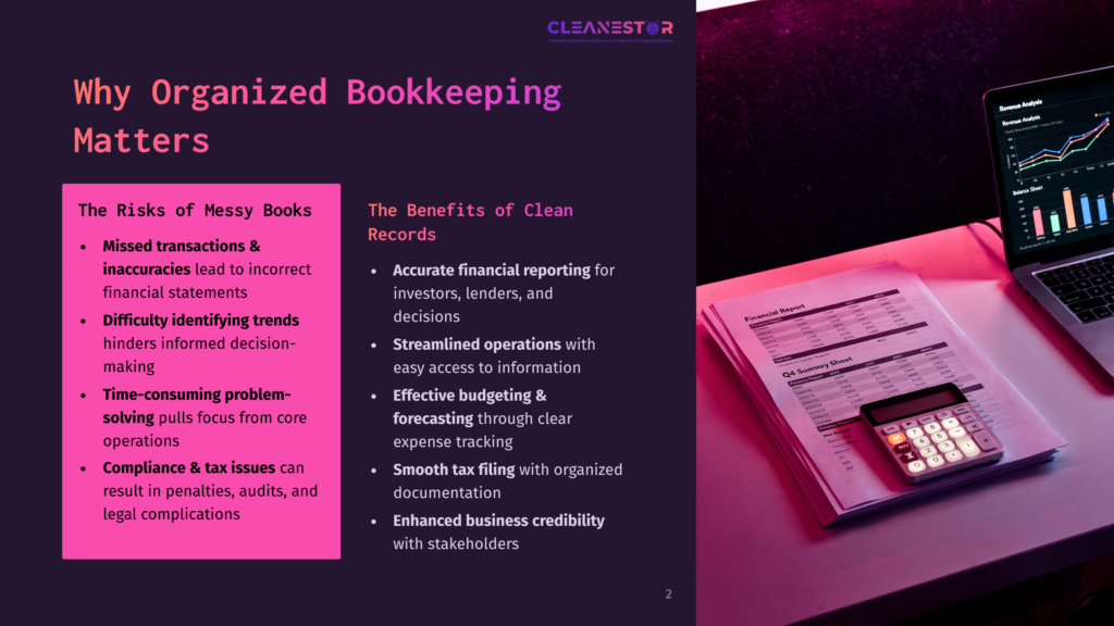 A Laptop Displays A Financial Report With Charts And Graphs, Alongside A Calculator And A Pen On A Document Titled &Quot;Q4 Summary Sheet.&Quot; The Text &Quot;Why Organized Bookkeeping Matters&Quot; Is Prominent On A Dark Background.