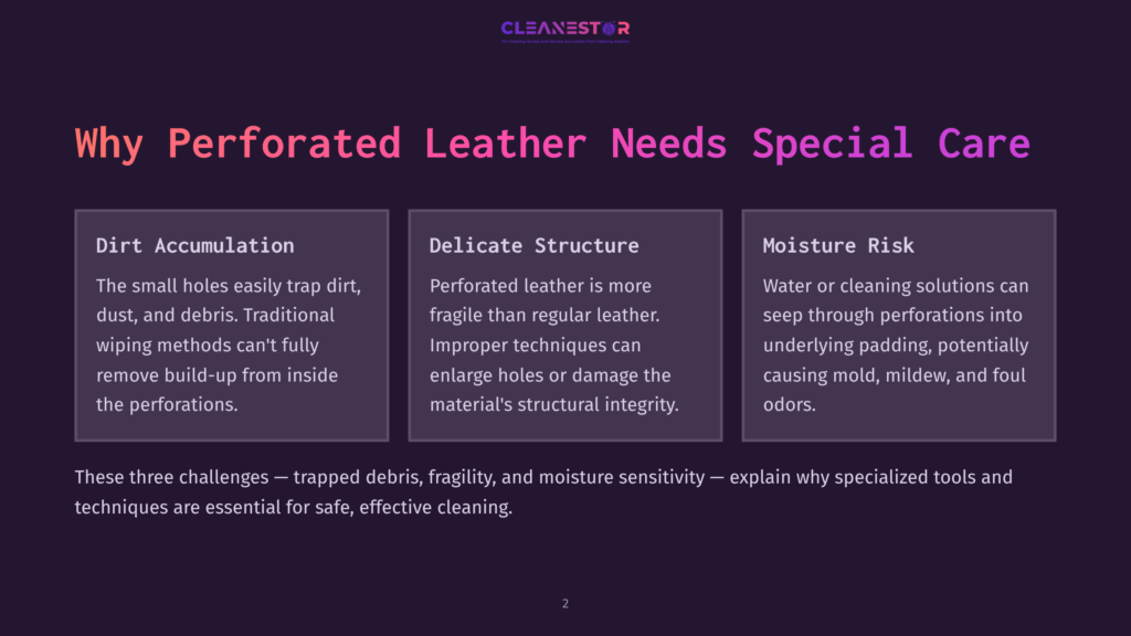 2 Why Perforated Leather Needs Special Care Infographic Titled &Quot;Why Perforated Leather Needs Special Care&Quot; With Three Sections: Dirt Accumulation, Delicate Structure, And Moisture Risk, Explaining Cleaning Challenges.