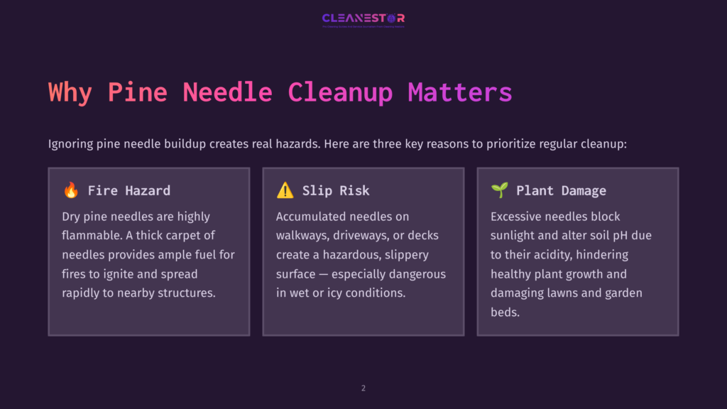 Infographic Titled &Quot;Why Pine Needle Cleanup Matters&Quot; Detailing Fire Hazards, Slip Risks, And Plant Damage From Pine Needle Buildup.