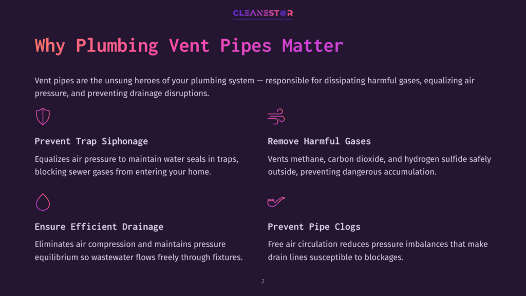 2 Why Plumbing Vent Pipes Matter Infographic Titled &Quot;Why Plumbing Vent Pipes Matter&Quot; By Cleanestor, Detailing How Vent Pipes Prevent Siphonage, Ensure Drainage, Remove Harmful Gases, And Prevent Clogs.