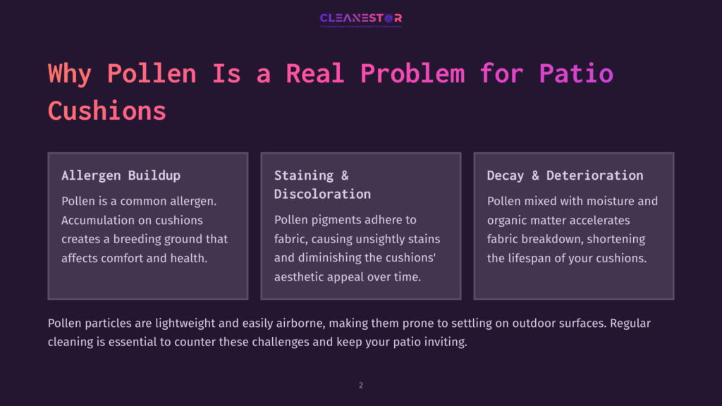 Presentation Slide Titled &Quot;Why Pollen Is A Real Problem For Patio Cushions&Quot; With Three Columns: &Quot;Allergen Buildup,&Quot; &Quot;Staining &Amp; Discoloration,&Quot; And &Quot;Decay &Amp; Deterioration,&Quot; Detailing Issues Caused By Pollen On Outdoor Cushions.