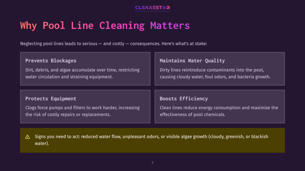 Infographic Highlighting The Importance Of Pool Line Cleaning, Detailing Benefits Like Preventing Blockages, Maintaining Water Quality, Protecting Equipment, And Boosting Efficiency. Text Emphasizes Signs Of Neglect: Reduced Water Flow, Odors, And Algae Growth.
