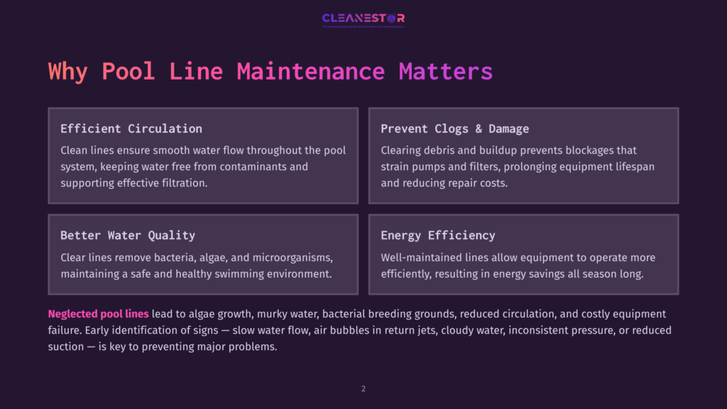 Infographic Detailing Why Pool Line Maintenance Matters, Showing Four Sections: Efficient Circulation, Prevent Clogs &Amp; Damage, Better Water Quality, And Energy Efficiency. Each Section Has A Brief Explanation And An Image Of A Clean Pool.