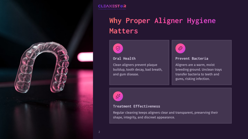 A Clear Plastic Dental Aligner Rests On A Dark Surface, Illuminated By Pink And Blue Light, With The Cleanestor Logo And Text About Aligner Hygiene Visible.