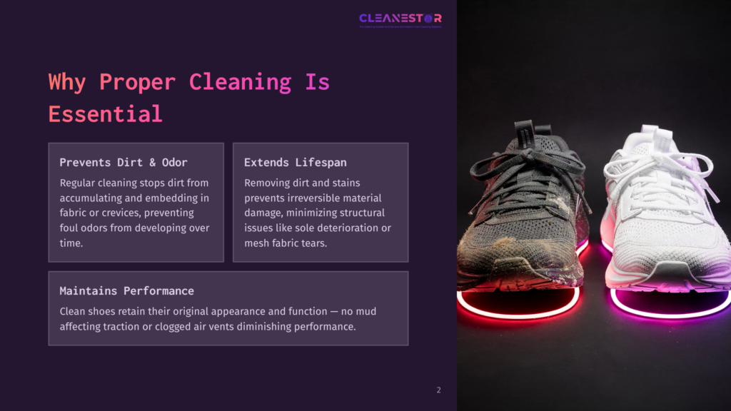 Two Athletic Shoes, One Dirty And One Clean And White, Are Displayed Side-By-Side On A Dark Background, Highlighting The Importance Of Proper Shoe Cleaning For Extending Lifespan And Maintaining Performance.