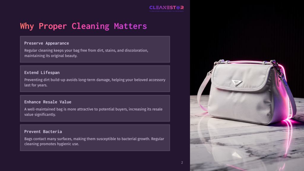 A White Designer Handbag With A Pink Strap Rests On A Polished Marble Surface, Illuminated By Vibrant Pink And Purple Neon Lights, Next To A Dark Background With Text About &Quot;Proper Cleaning Matters&Quot;.
