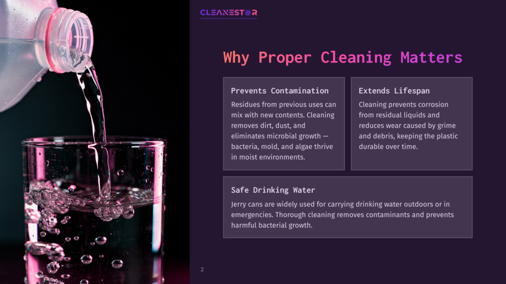 Cleanestor Logo And Text &Quot;Why Proper Cleaning Matters&Quot; Over A Dark Background With A Graphic Overlay Detailing Benefits Of Proper Cleaning, Including Preventing Contamination, Extending Lifespan, And Safe Drinking Water.