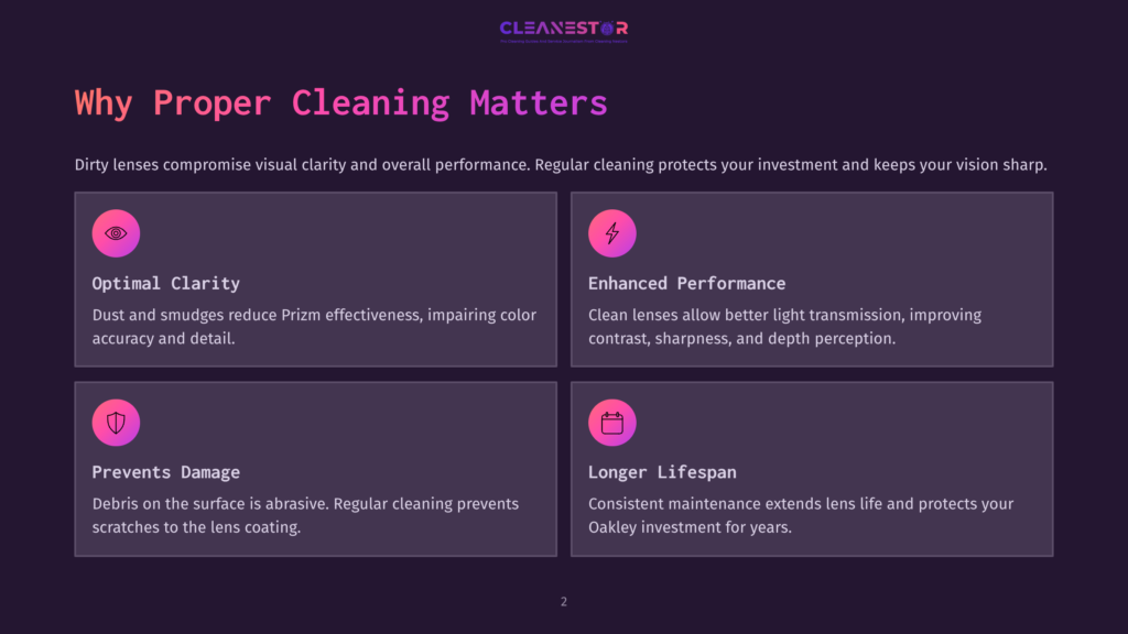 Infographic Section Highlighting The Importance Of Proper Lens Cleaning. Sections Include Optimal Clarity, Enhanced Performance, Prevents Damage, And Longer Lifespan. The Section On Optimal Clarity Discusses How Dust And Smudges Can Reduce Effectiveness, While Enhanced Performance Explains How Clean Lenses Improve Visual Clarity.